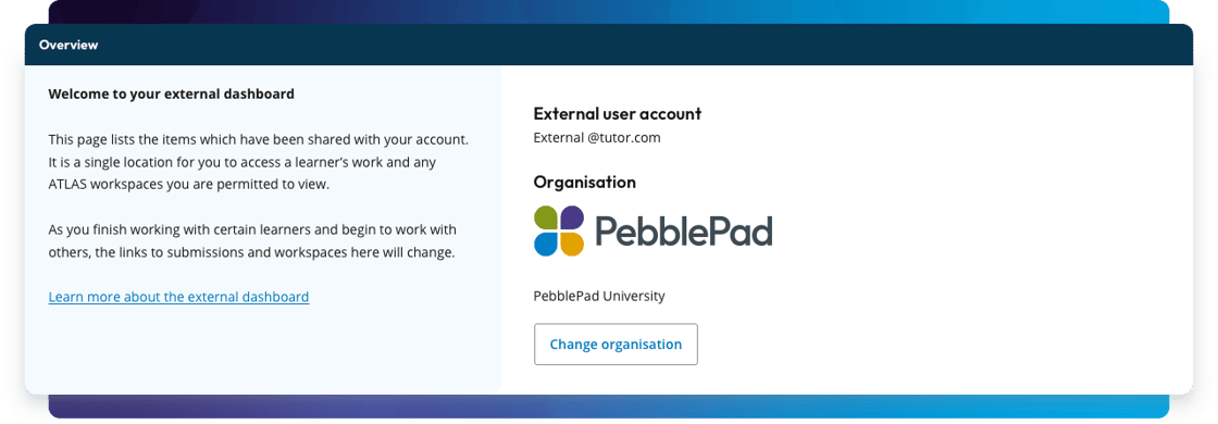 Screenshot of the “Overview” section of the External Assessor Dashboard. The left panel contains a welcome message explaining that the page lists items shared with the user’s account and provides a link to learn more about the dashboard. The right panel displays the external user account email address, the organization name “PebblePad University” with its logo, and a button labeled “Change organisation.”