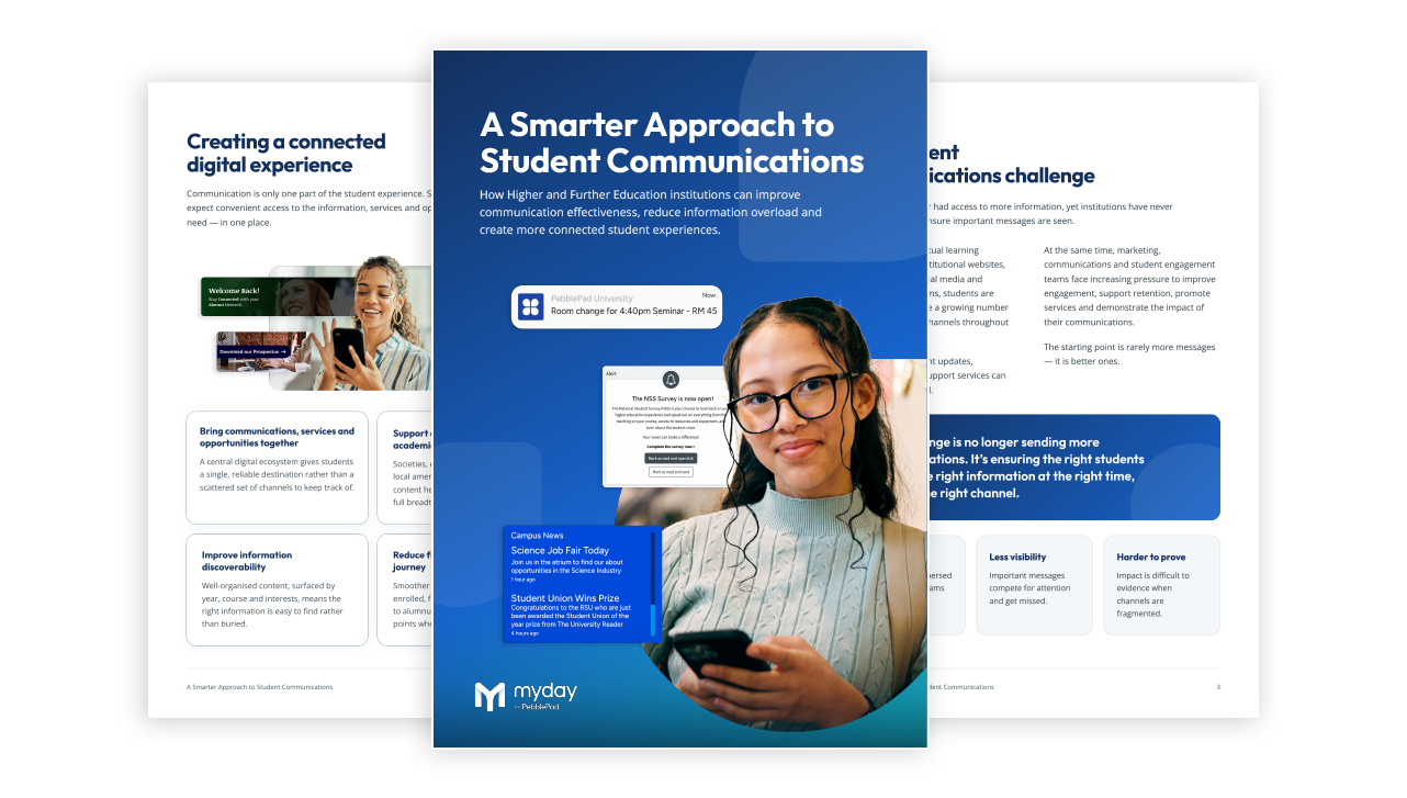 Multi page mockup of the A Smarter Approach to Student Communications guide Multi page mockup of the A Smarter Approach to Student Communications guide